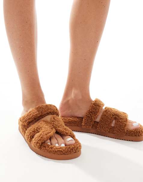 Steve Madden Missile-F slip on fluffy borg sliders in tan - view 1