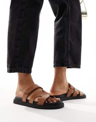 Steve Madden Missile leather strap sliders in tan ASOS