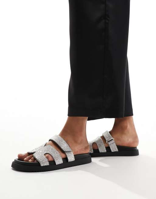 Steve Madden – Missile-R – Silverfärgade tofflor med utsmyckade remmar