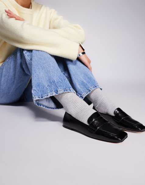 Steve Madden Monarc square toe loafers in black faux-leather crinkle - view 1