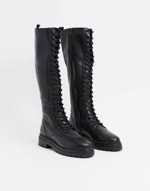 Steve Madden Namira lace up knee high boot in black leather | ASOS