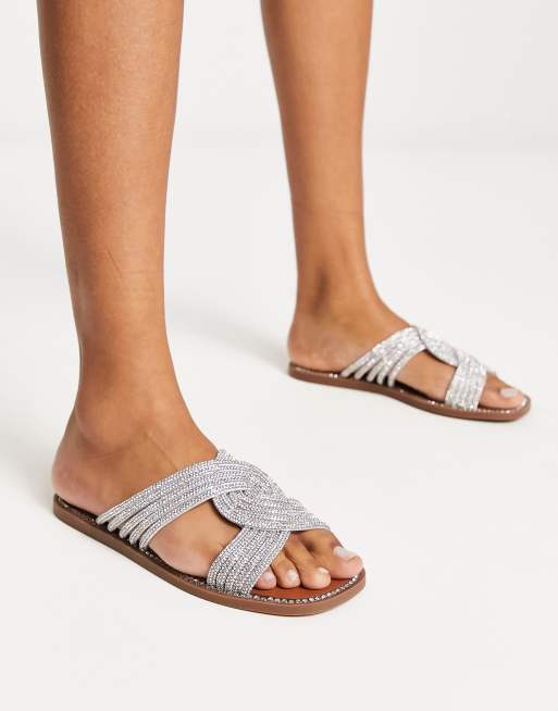 Steve Madden Neles Embellished Flat Sandals In Silver Asos