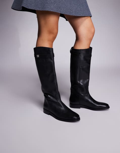 Steve Madden Novi buckle detail riding boots in leather black - view 1