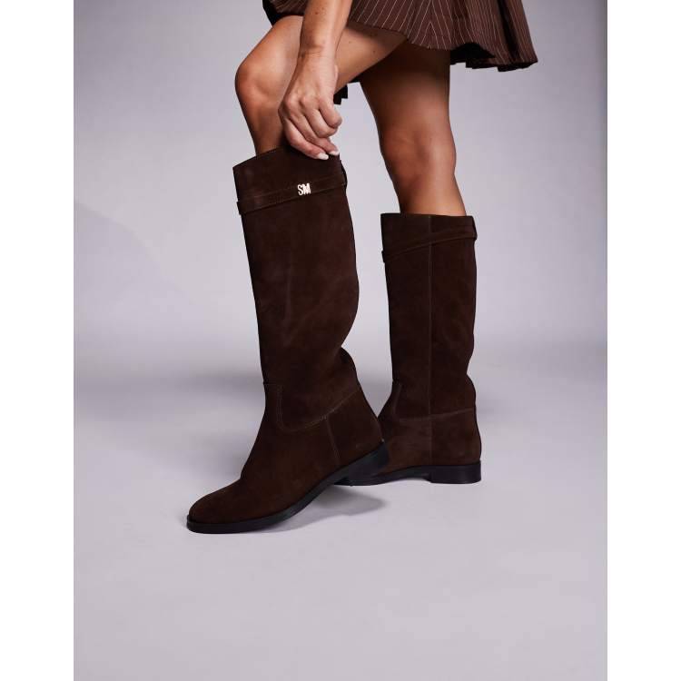 Steve Madden Novi DK buckle detail riding boots in suede chocolate