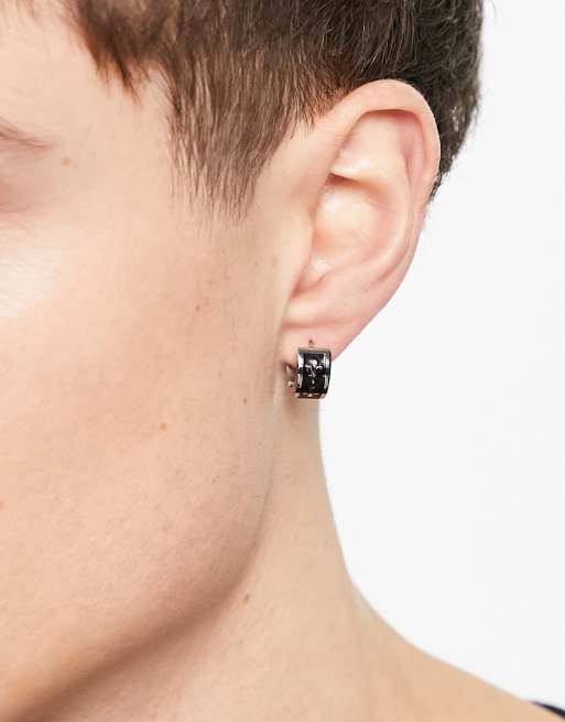 Steve Madden - Orecchini a cerchio argentati con motivo nero