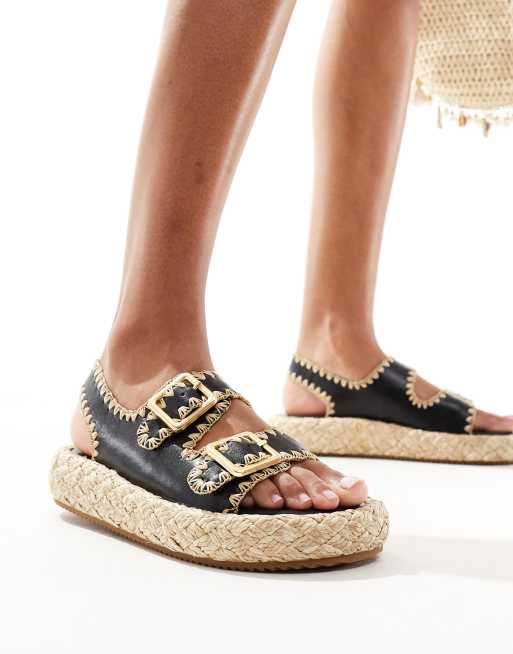 Steve Madden – Portofino – Ledersandalen in Schwarz mit farblich abgesetztem Bast, 2 von 4