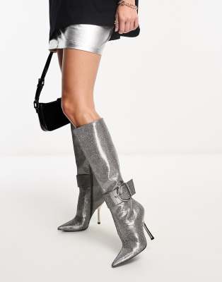  Priyanka knee boots with buckle in metallic pewter