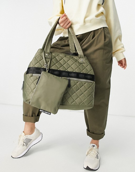 Steve Madden quilted double pocket tote bag with zip pouch in olive