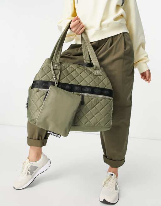 Steve Madden Quilted Double Pocket Tote Bag With Zip Pouch In Olive Cq2195 Adidas Pants For Women Shoes Size 11 Wide Faoswalim