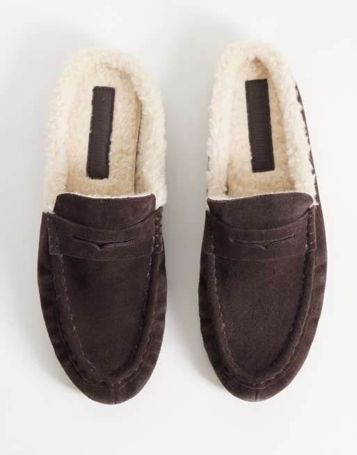 Steve Madden Rafe ruched mule loafers with faux shearling trim in chocolate suede, 2 of 4