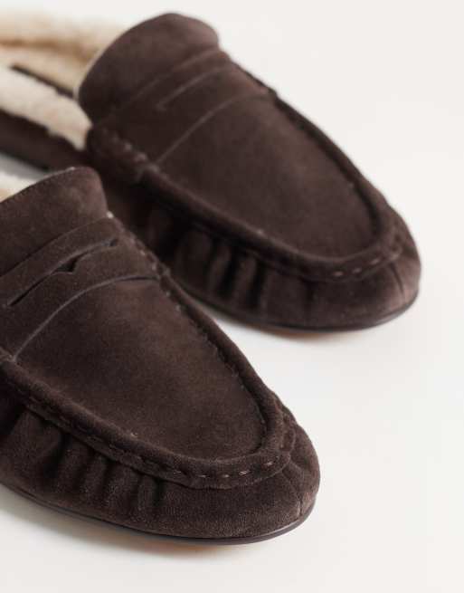 Steve Madden Rafe ruched mule loafers with faux shearling trim in chocolate suede, 3 of 4
