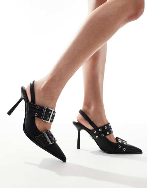 Steve Madden Riesling pointed sling back heels with buckle straps in black