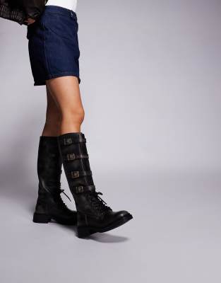 Steve Madden Steve Madden Rox DK buckle detail lace up boots in leather vinttage wash brown