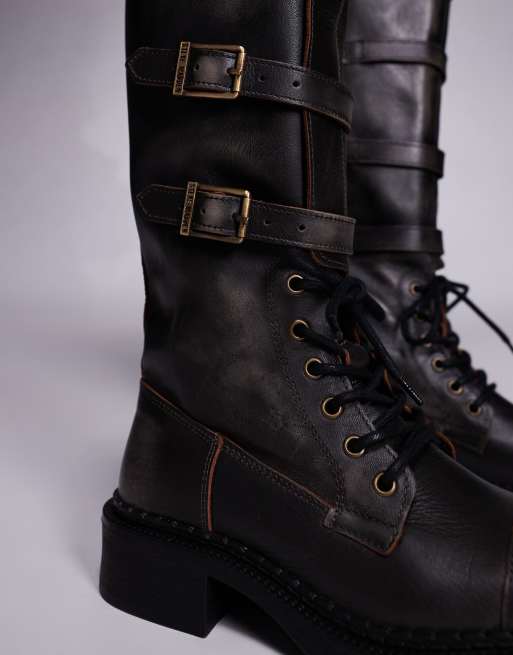 Steve Madden - Rox DK - Vasket vintage-brune snørestøvler med spændedetaljer i læder, 2 af 4