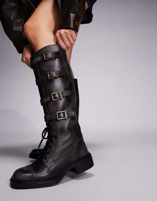 Steve Madden - Rox DK - Vasket vintage-brune snørestøvler med spændedetaljer i læder, 4 af 4