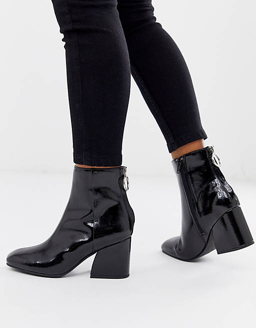 Steve Madden Roxter black patent mid heeled ankle boots with square toe ...