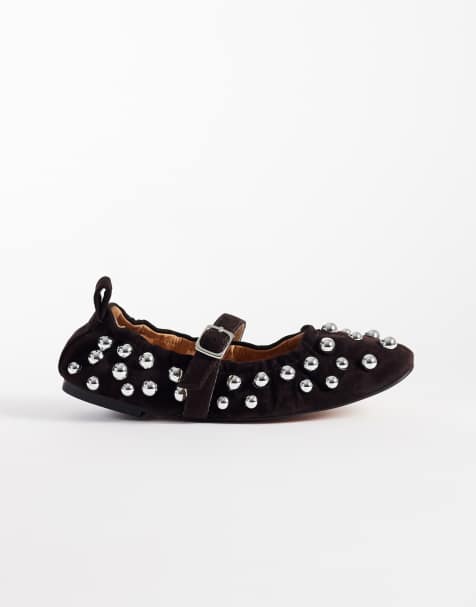 Steve Madden ruched studded ballet shoes in suede brown - view 1