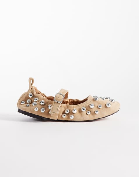 Steve Madden ruched studded ballet shoes in suede sand - view 1