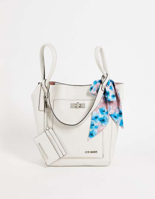 Steve Madden - Satchel tas met kaarthouder, afneembaar crossbody tasje en sjaaltje in crème