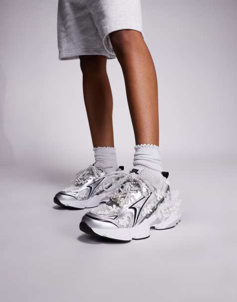 Steve Madden Simmie chunky sole trainers with lace detail in silver - view 1