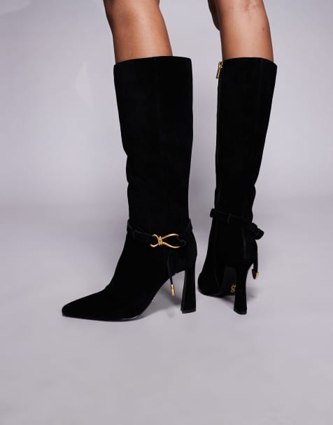 Steve Madden Sirrens tie buckle detail knee high boots in faux suede black - view 1