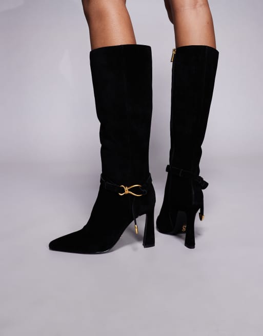 Steve Madden Sirrens tie buckle detail knee high boots in faux suede black