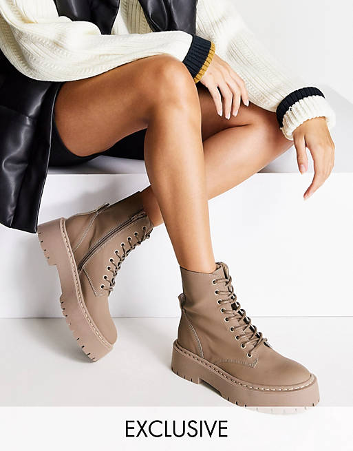 Steve Madden Skylar leather chunky lace up boots in beige