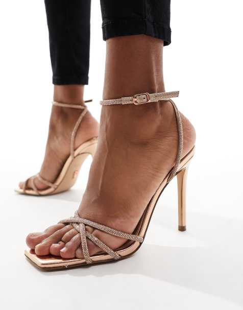 Adelle Light Gold Snake Embossed Ankle Strap Heels