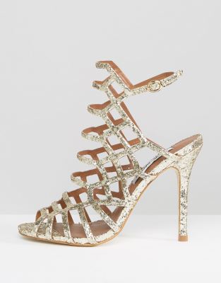 gold caged heeled sandals