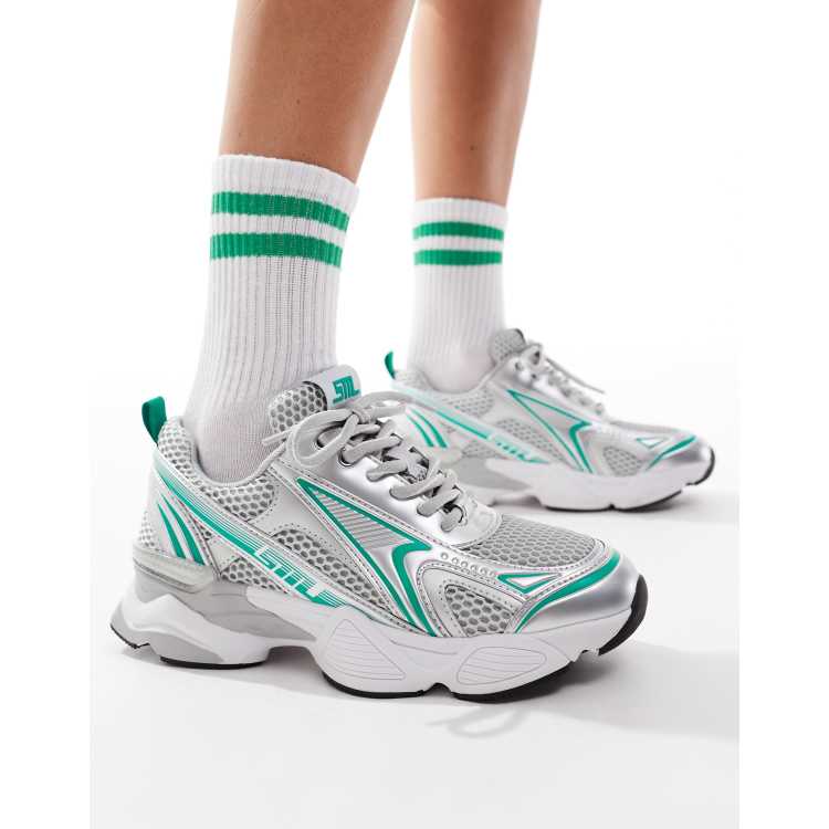 Steve Madden Speedster-E sneakers in silver & green | ASOS