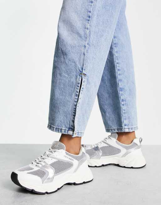 Steve Madden Standout multi panel chunky sneakers in white and silver ...