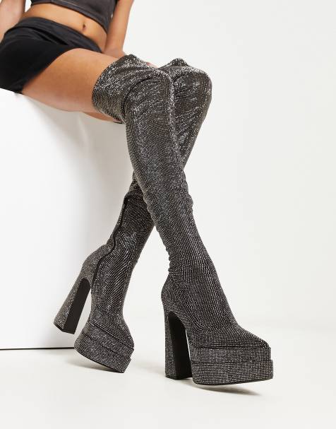 Sequin thigh high boots hotsell chunky heel