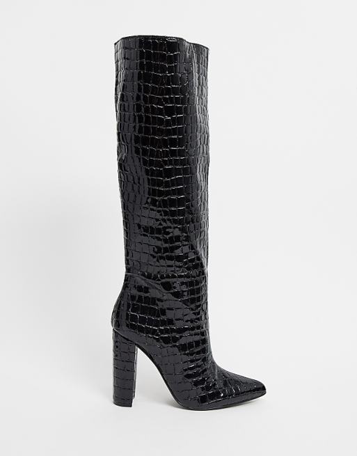 Steve Madden Tamsin heeled knee high boot in black croc | ASOS