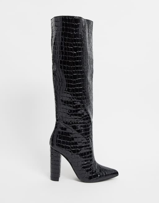 Steve Madden Tamsin Kniehoge laarzen met hak en krokoprint in zwart ASOS