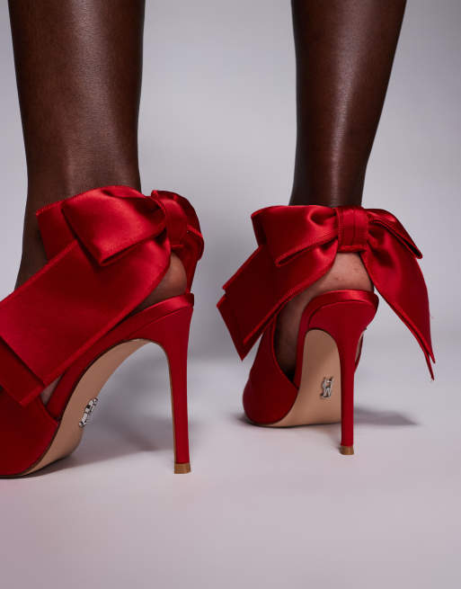 Steve Madden Teacup sling back heels with bow detail in satin red, 3 of 4