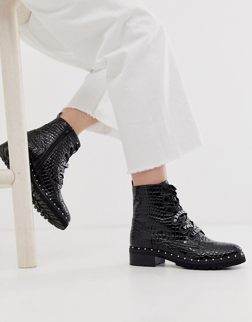 Steve Madden Tess flat studded ankle boots in black croc leather