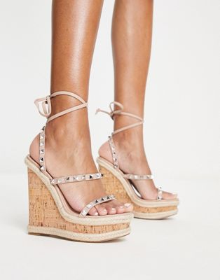 Steve Madden Tinsley leather ankle tie stud wedges in blush