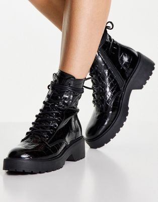 Steve Madden tornado lace up chunky ankle boots in black croc - ASOS Price Checker