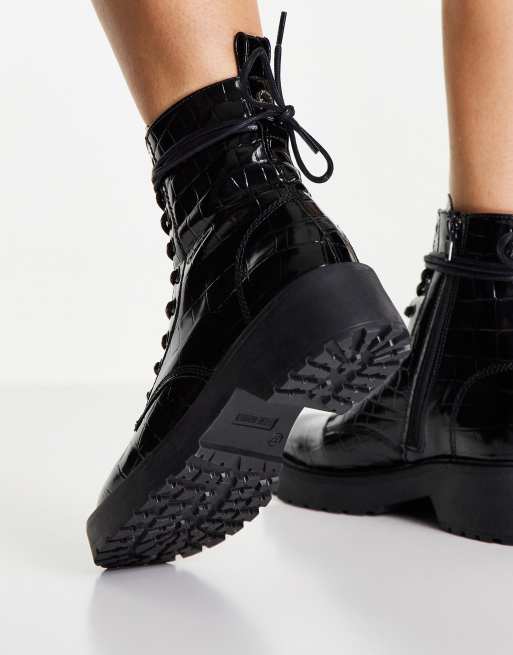 Steve Madden tornado lace up chunky ankle boots in black croc ASOS