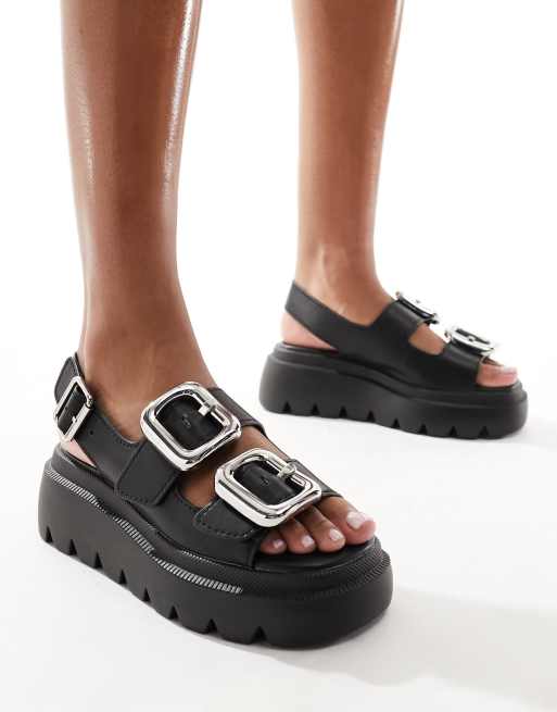 Steve Madden Transporter chunky sandal with buckles in black