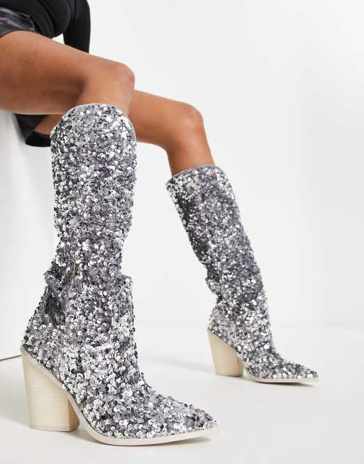 Steve Madden Tyrus embellished western boots in silver