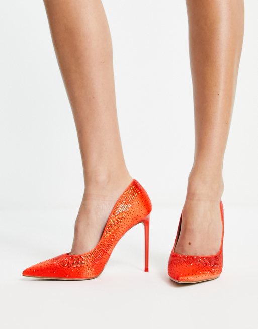 Steve Madden Valorous rhinestone heeled shoes in orange satin | ASOS