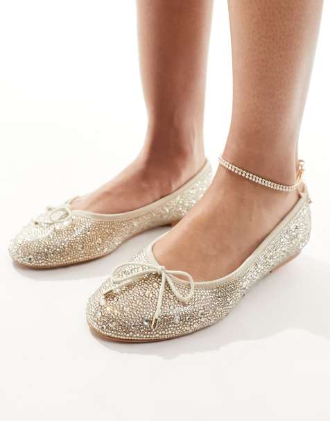 Steve Madden – Verzierter flacher Schuh in Champagner mit Schleife - view 1