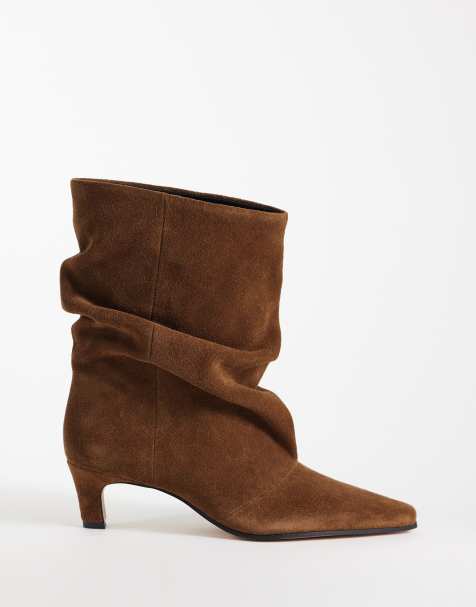 Steve Madden Vexa kitten heeled ruched mid-ankle boots in dark brown suede - view 1