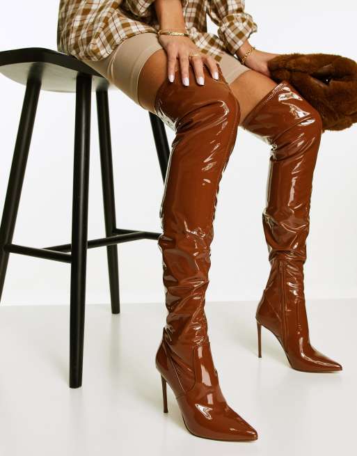 patio actividad Frágil Steve Madden Viktory patent stiletto heel thigh high boots in cognac | ASOS