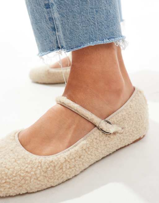 Steve Madden Vinetta-F ballet flats with strap in natural fluffy borg , 2 of 4