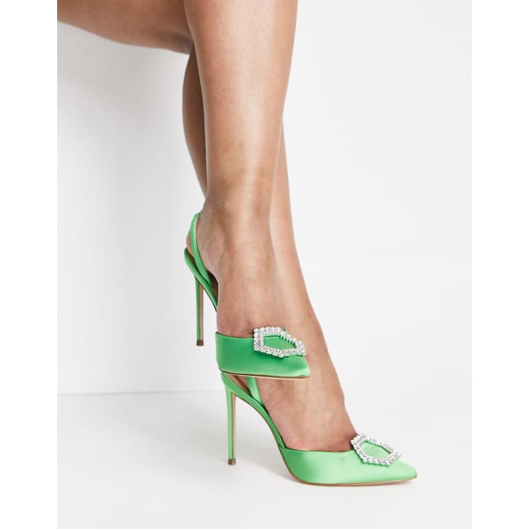 Steve Madden Vionnet diamante trim heeled shoes in green satin ASOS