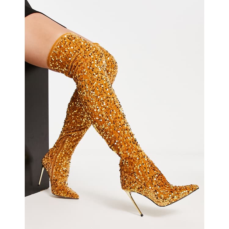 Gold sequin thigh hot sale high boots