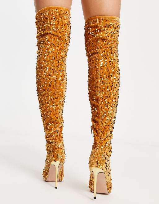 Steve Madden over the knee heeled boots gold sequins |