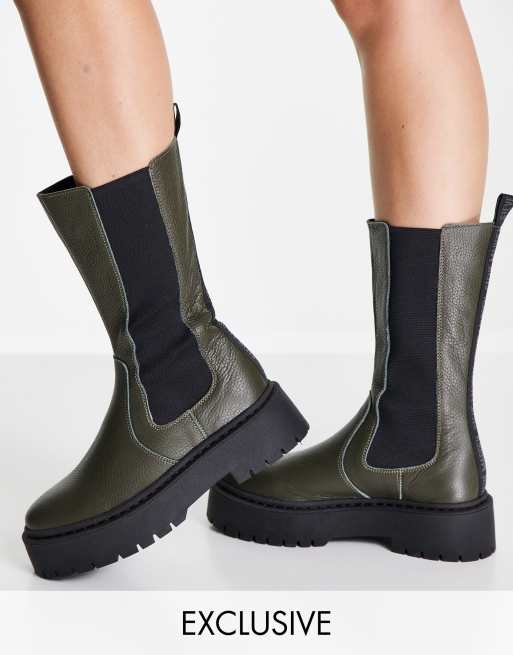 Steve Madden – Vivianne – Mörka kakifärgade chelseaboots i läder med medelhöga skaft